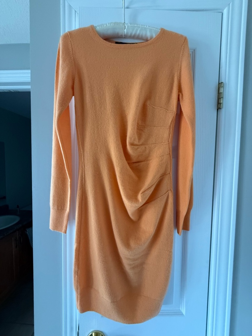 Long-Sleeve Knit Dress in Peach-Orange Cashmere